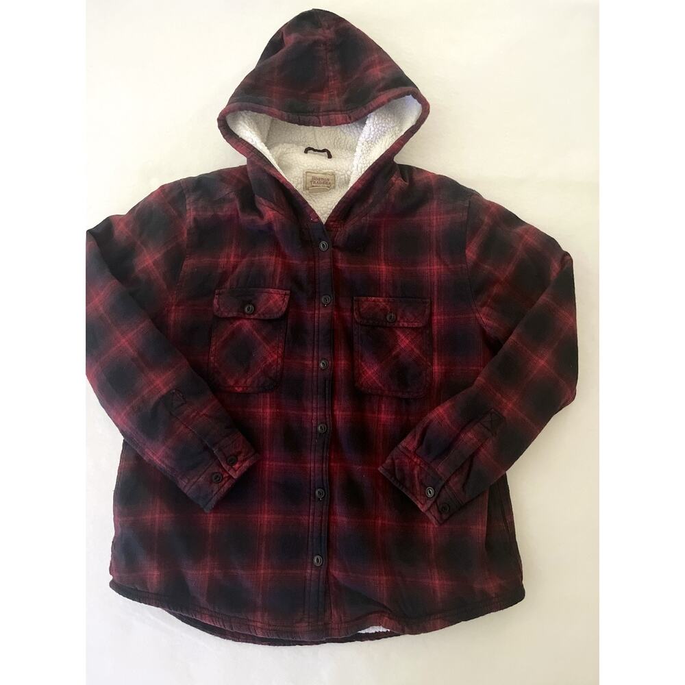 Boston Traders Jacket Men L Red Plaid Sherpa Lined Hooded Flannel Parka Putdoor